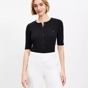 LOFT Black Ribbed Button-Front Knit Top; Excellent condition!     Size Large. 🖤